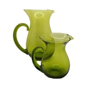 Vintage Olive Avocado Green Glass Pitcher Vase Set Large Small Decorative Accent